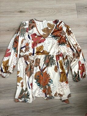 entro Floral V-Neck Peasant Tunic in Ivory, Rust, Mustard, Teal